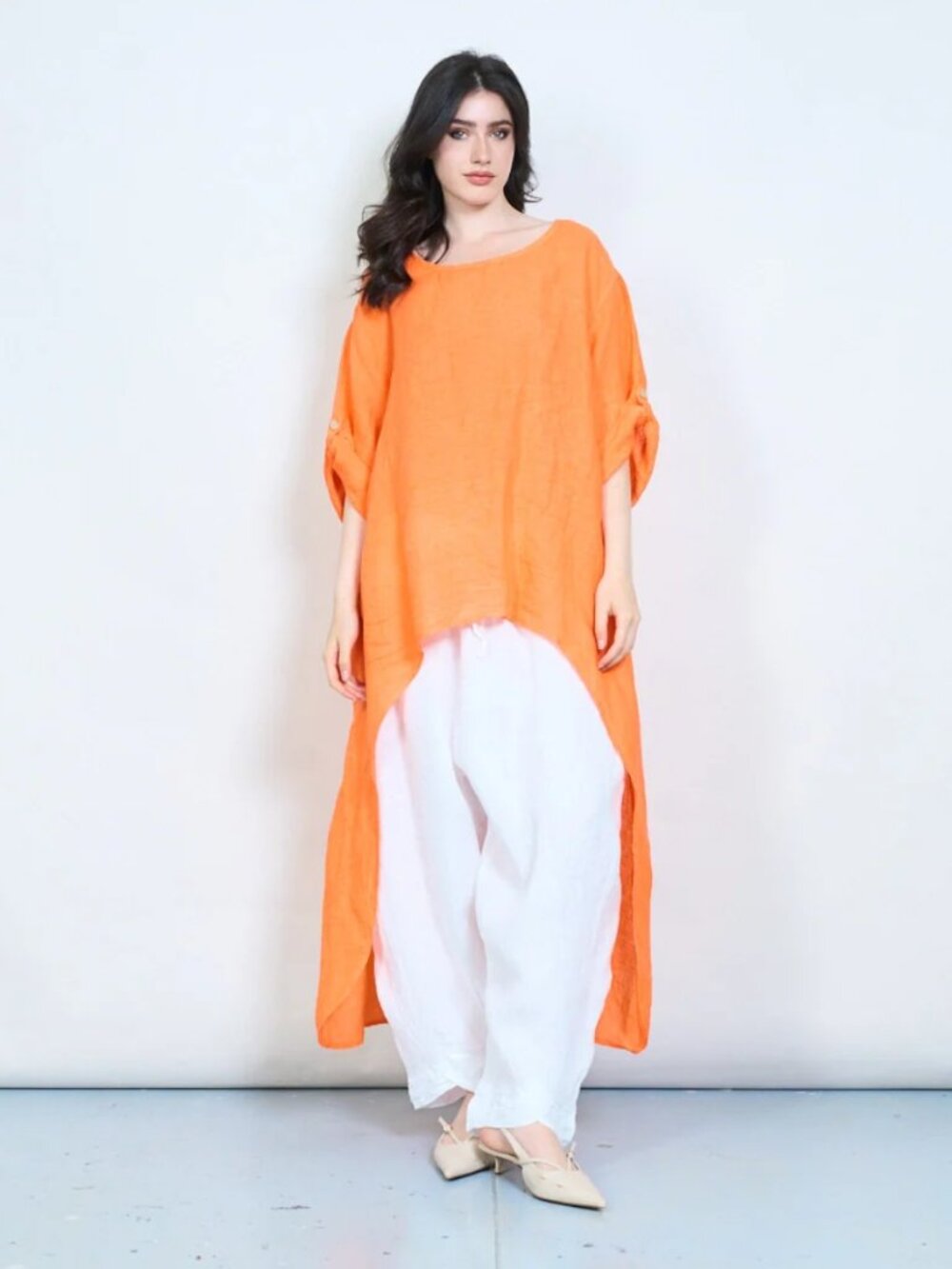 NEW COLLECTION Made in Italy exaggerated high low hem roll tab sleeve tunic